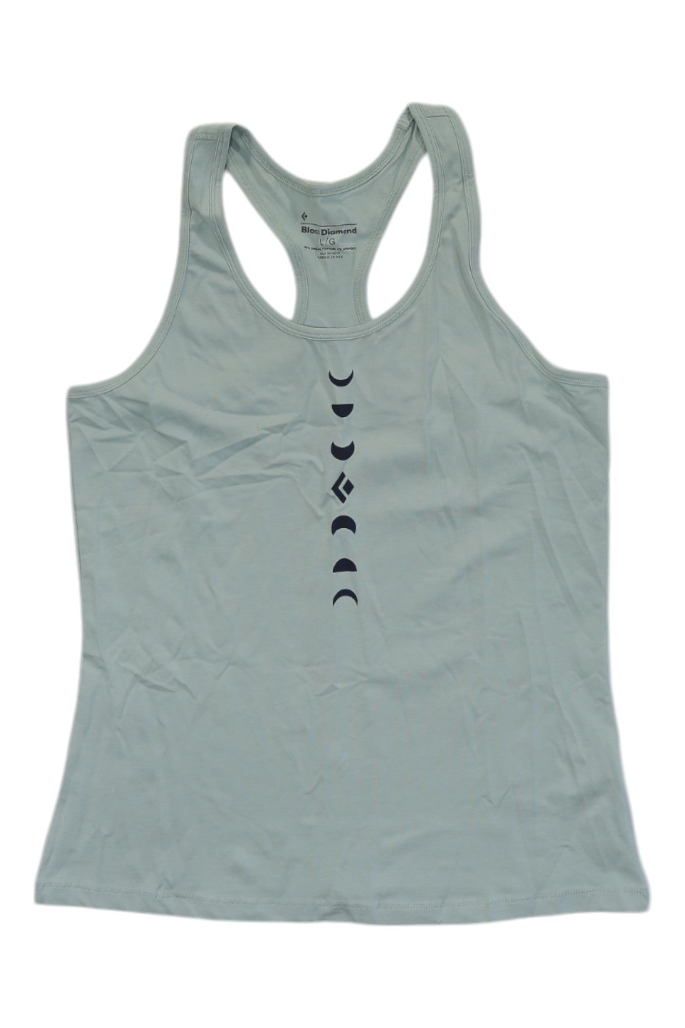 The Black Diamond Women's Icon Full Moon Tank is a light blue sleeveless top with a central diamond design and vertical black moon phases graphic, ideal for outdoor performance. Shown on a white background.