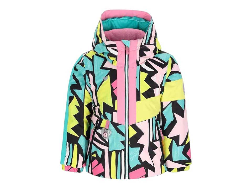 The Obermeyer Girls Livia Jacket is a colorful ski jacket with a hood, bold geometric patterns in black, teal, yellow, pink, and white, and a pink front zipper—perfect for fun and cozy winter adventures.