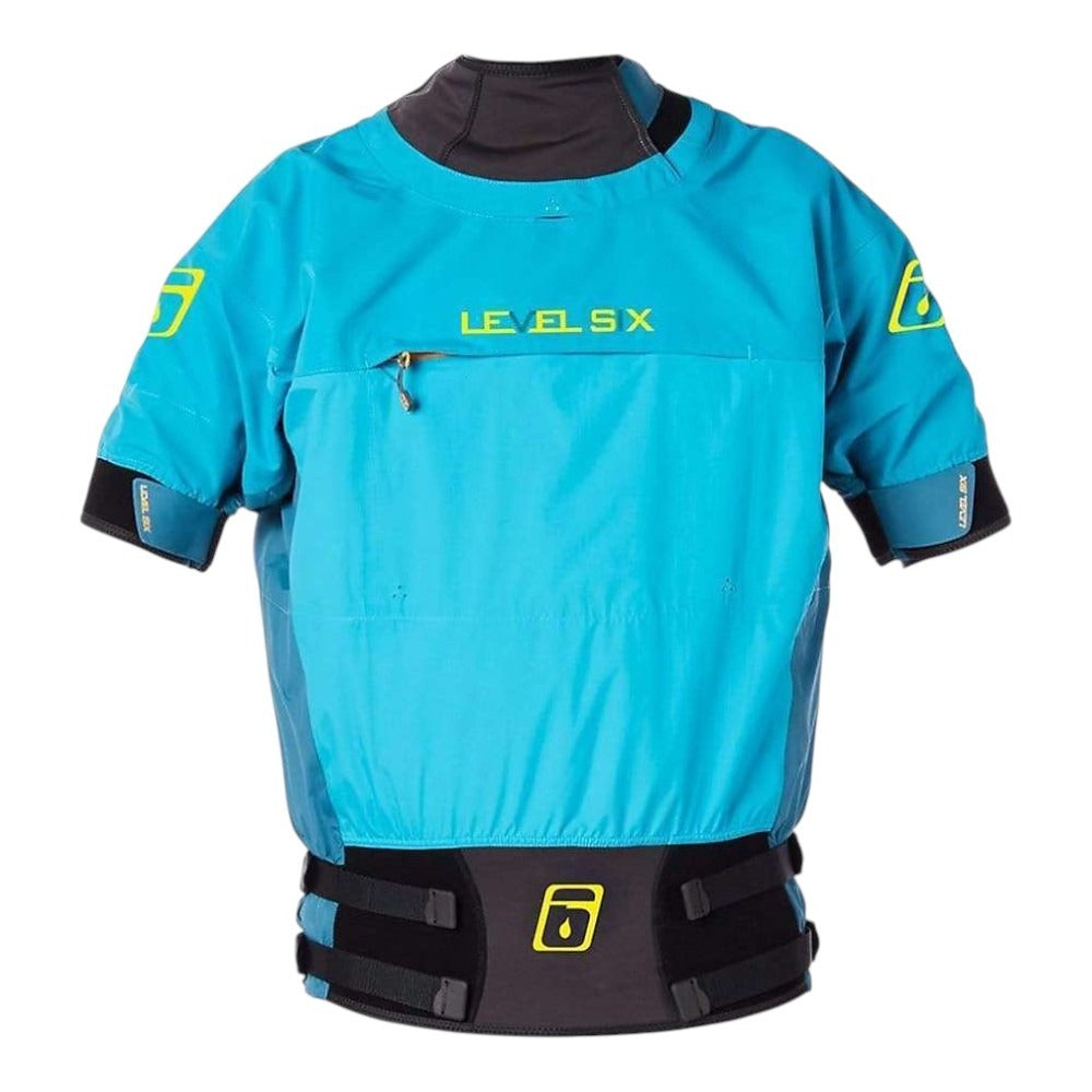 Level Six Vega top in teal blue with black collar and front logo, short sleeves