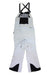 White waterproof Burton Womens [ak] Gore-Tex Kimmy Bib Pant with black shoulder straps, front chest pocket, and reinforced ankle patches, laid flat with legs extended and straps crossed at the top.