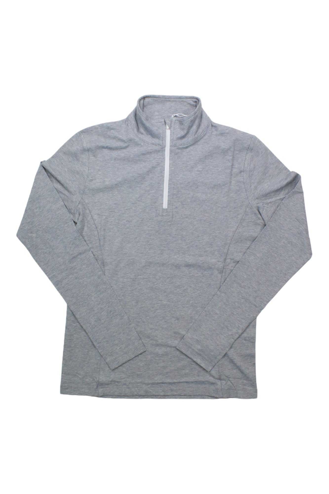 The Tasc Women's Recess 1/4 Zip Top is a light gray, long sleeve top with a high collar and white quarter-zip closure, made from moisture-wicking fabric and shown laid flat on a white background.