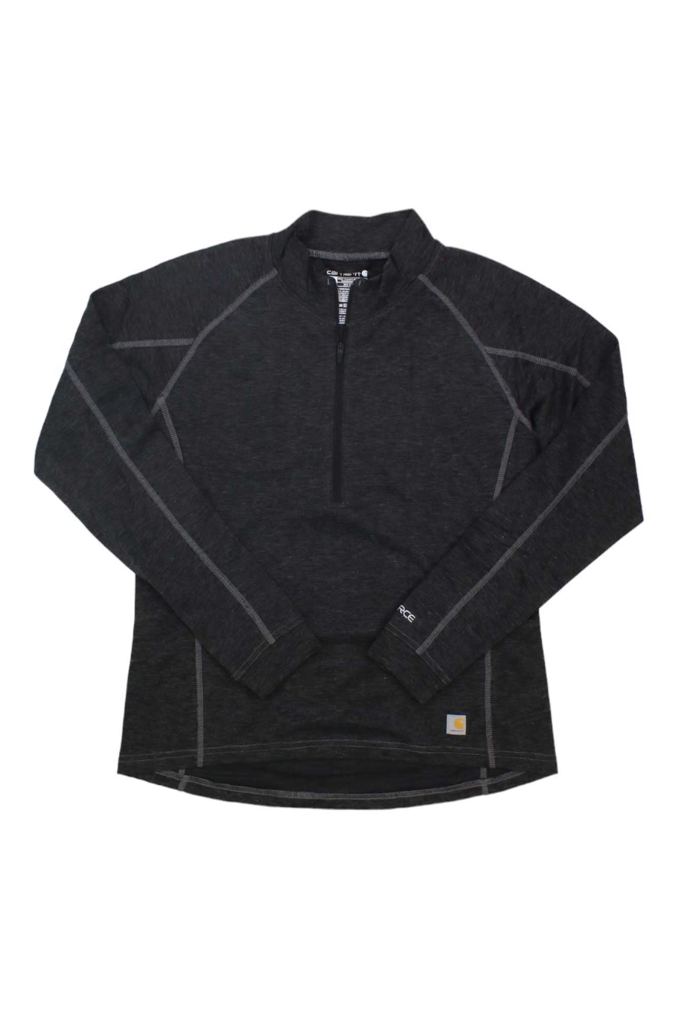 The Carhartt Womens Base Force Heavyweight Poly-Wool Quarter-Zip is a long-sleeve dark gray pullover with light gray seams, moisture-wicking fabric, a quarter-zip front, and a small Carhartt logo patch on the lower left side.