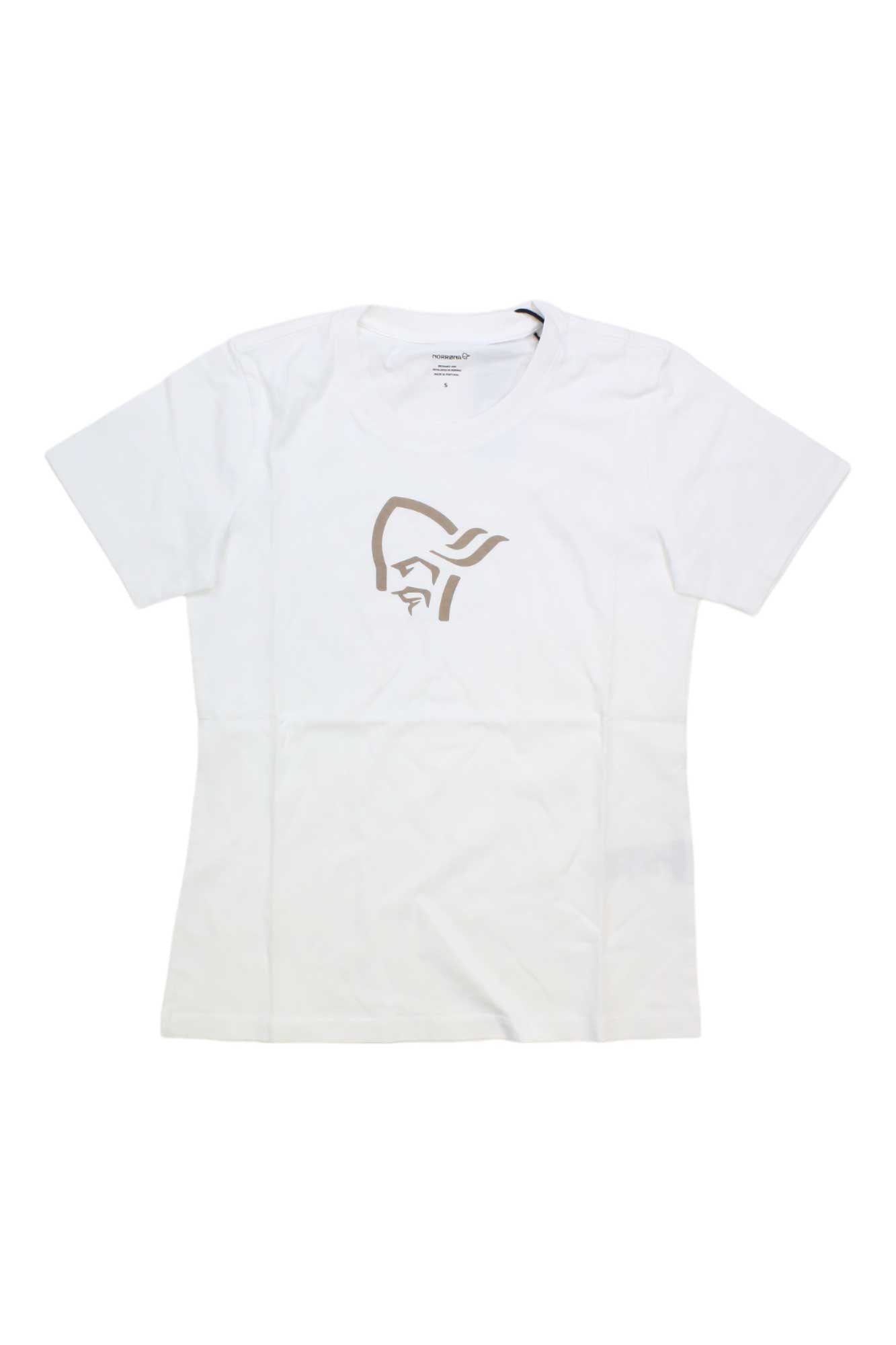 The Norrona Womens /29 Cotton Viking T-Shirt is an organic cotton, white short-sleeve tee featuring a minimalist light brown Viking face graphic on the chest, perfect for casual wear. Displayed flat on a white background.