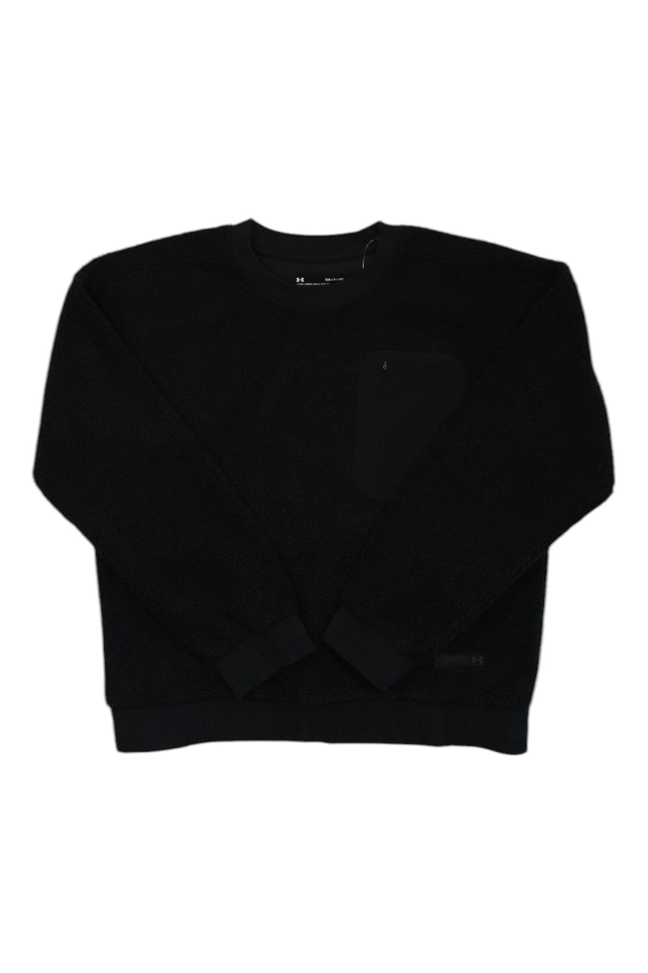 The Under Armour Womens Mission Boucle Crew is a black, long-sleeve crewneck sweatshirt with a small chest pocket and ribbed cuffs, ideal for layering outdoors, shown laid flat on a white background.