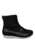 The Bogs Women's Classic Casual Winter Zip Boot is a black, eco-friendly ankle-height winter boot featuring a front zipper and a thick, textured white sole.