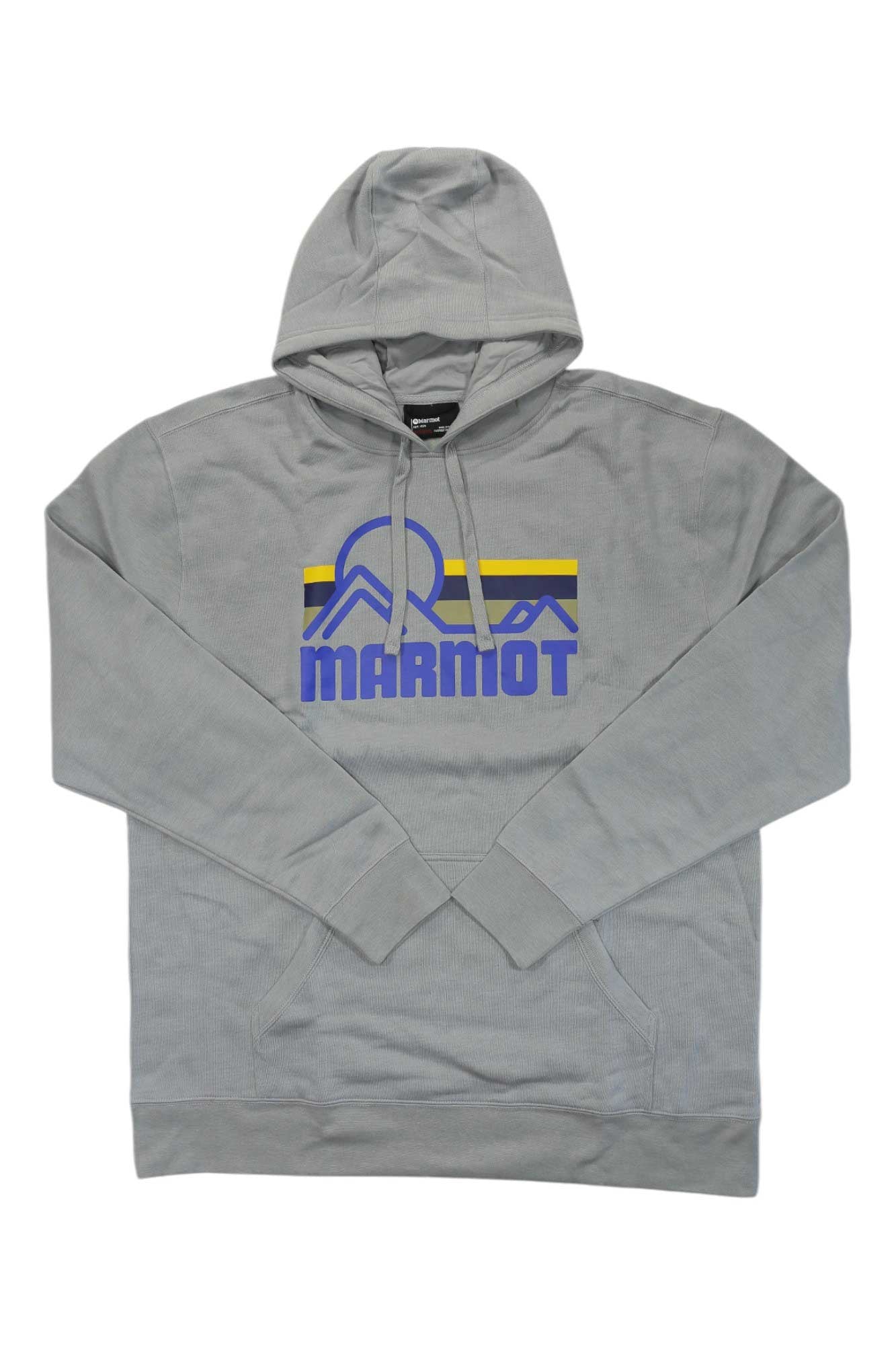 The Marmot Men's Coastal Hoody is a gray hoodie made from soft recycled polyester, featuring a front pocket, drawstring hood, and "MARMOT" below a blue and yellow mountain graphic on the chest.