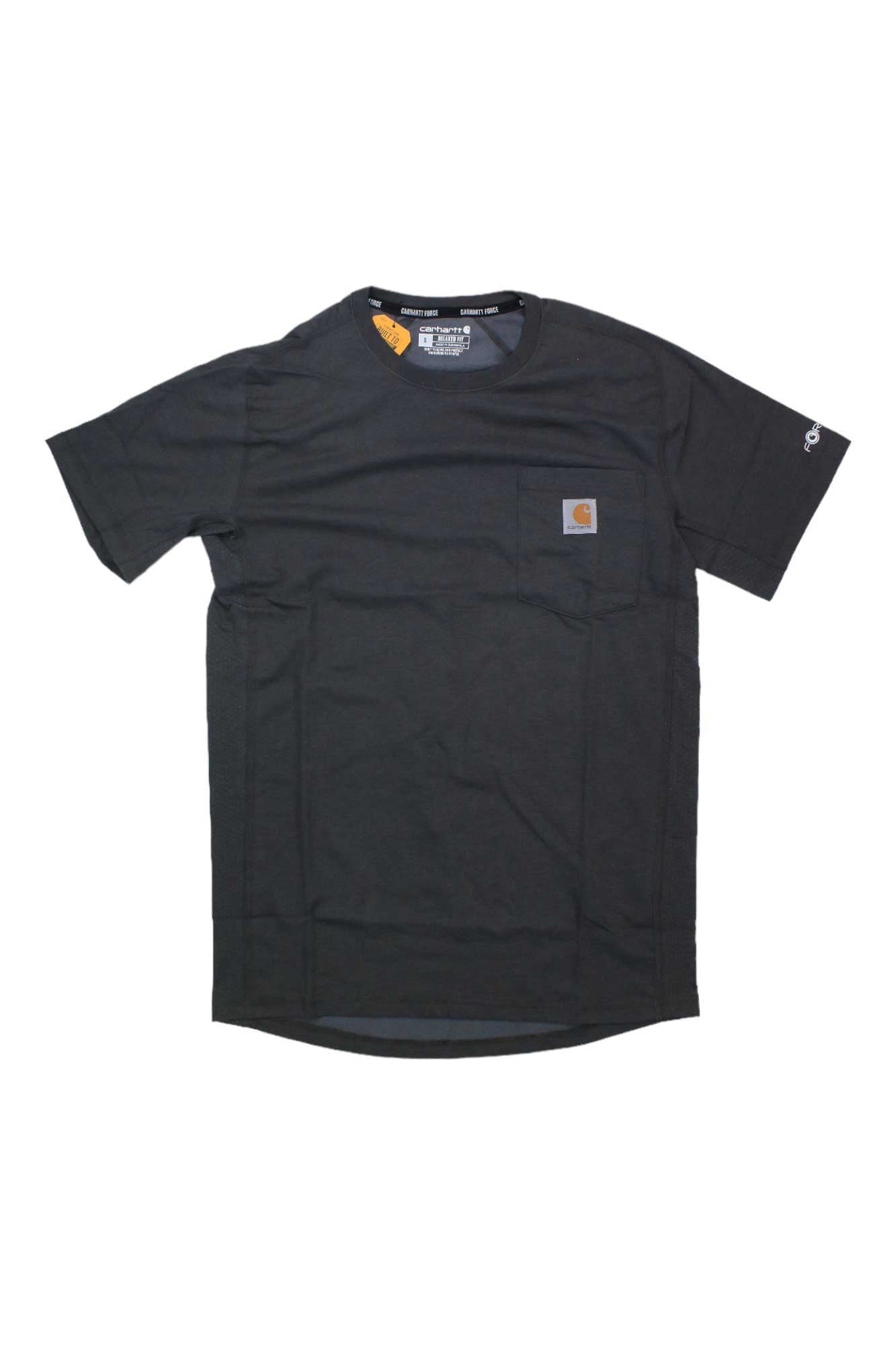 Black short-sleeve pocket t-shirt with crew neck and chest logo patch