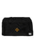 The Herschel Supply Company Heritage Duffle is a black bag with two handles, made from durable EcoSystem 600D Fabric. It features a brown diamond patch on the front and a small white label in the lower right—ideal for travel.