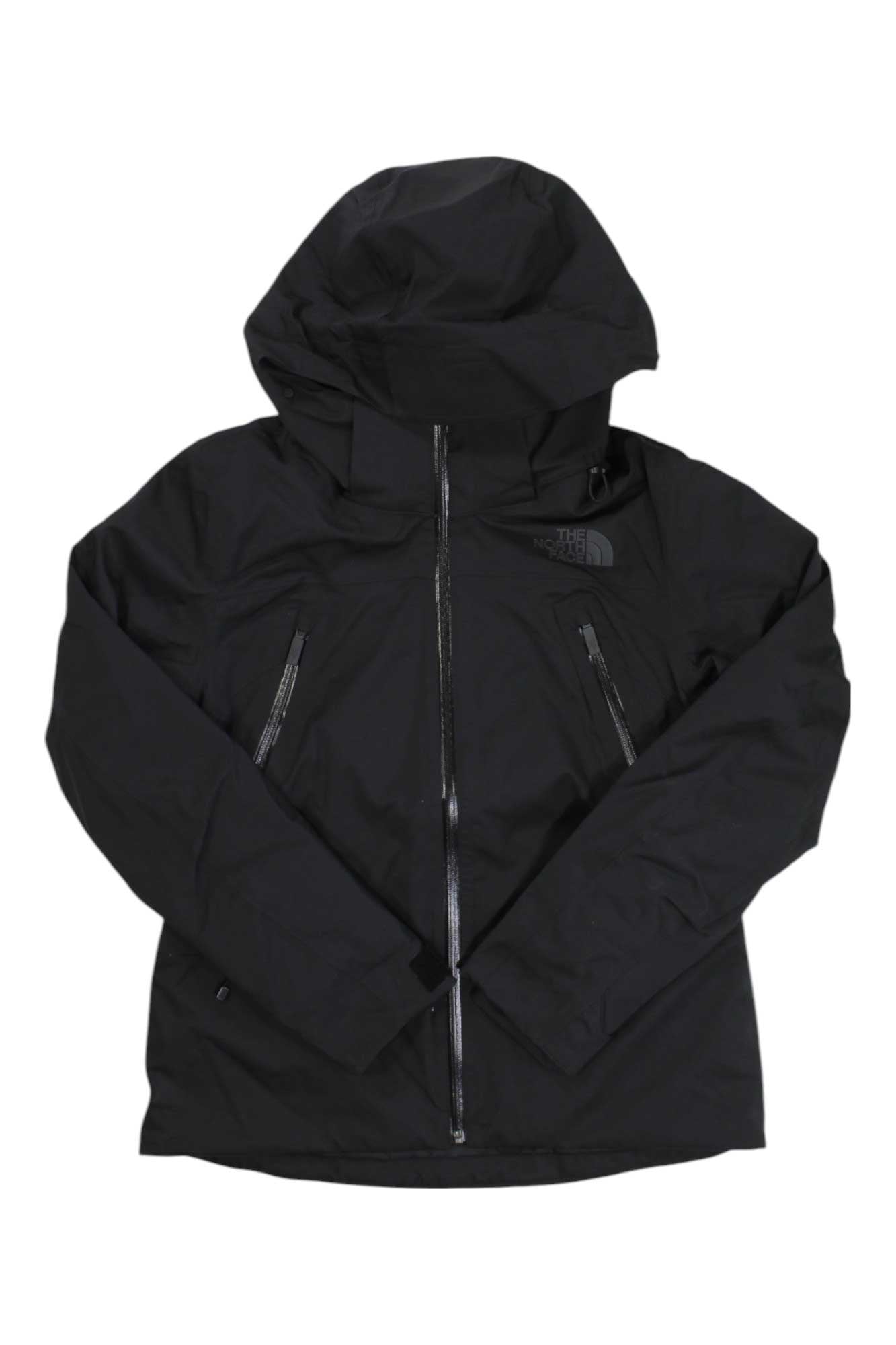 The North Face Womens Lenado Jacket, black and waterproof, features a helmet-compatible hood, zip-up front, two vertical chest pockets, and long sleeves. Shown laid flat on a white background.