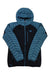 The Dynafit Men's Radical Down Hooded Jacket features blue and black colors, horizontal quilting, 800-fill goose down, a front zipper, chest pocket, and small left chest logo—perfect for warmth and style.
