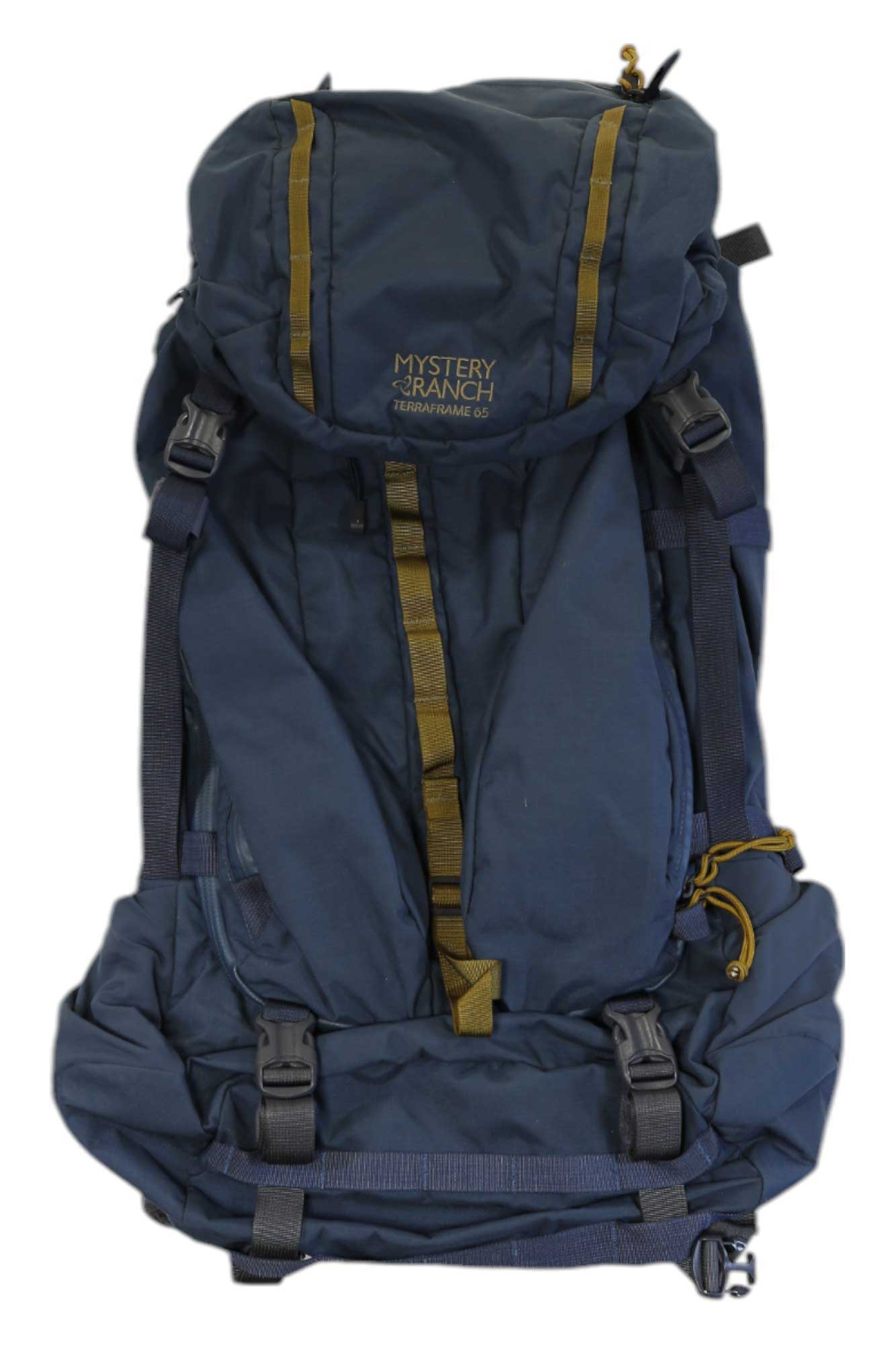 Blue Terraframe 65 backpack with roll-top, side straps, and padded harness webbing