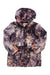The Kari Traa Womens Agnes Jacket is a waterproof snowsports jacket with a dark tie-dye pattern in black, brown, and beige, orange sleeve cuffs, a hood, front zipper, and snap buttons—perfect for adventurous outings.