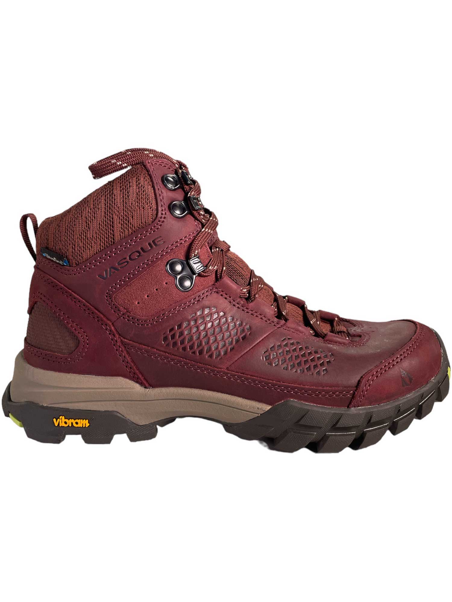 The Talus AT UltraDry Hiking Boots feature a maroon mesh and leather upper, metal eyelets, ankle support, black/brown Vibram outsole with yellow logo, and are waterproof—perfect for women's hiking adventures.