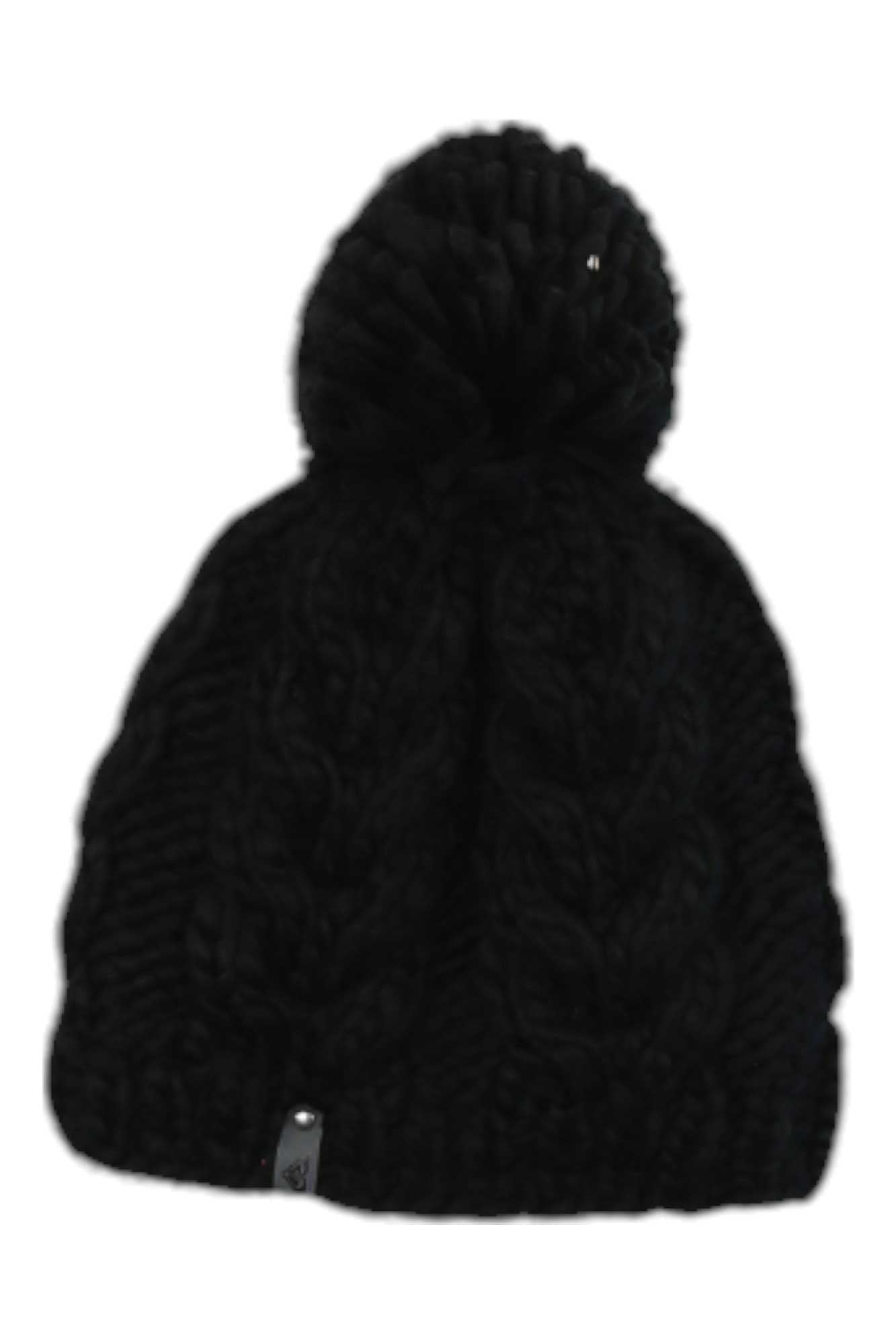 Black knit winter beanie with pom-pom top and ribbed cuff, small logo patch