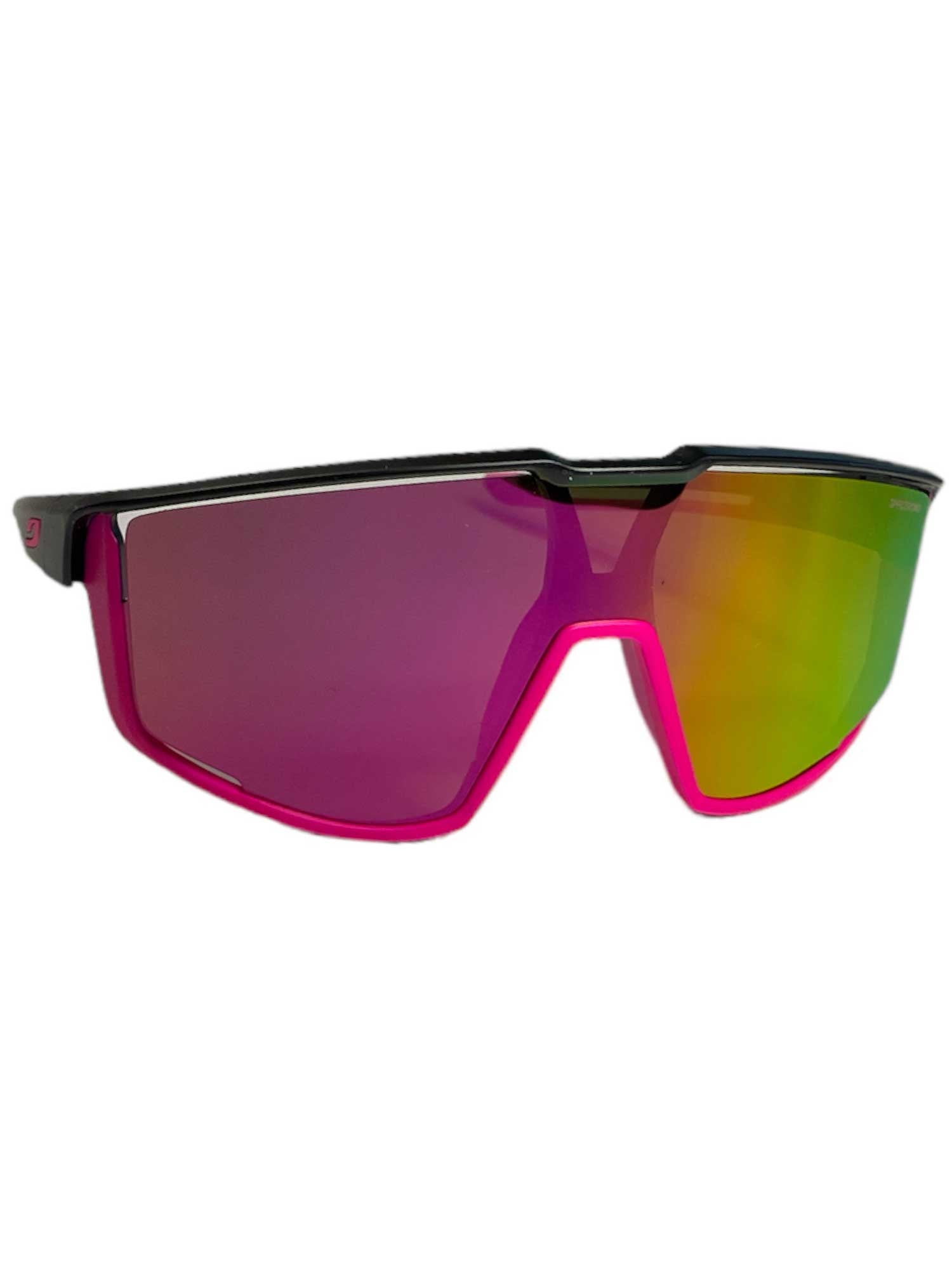 Sport sunglasses with magenta frame and purple-to-gold mirrored lenses