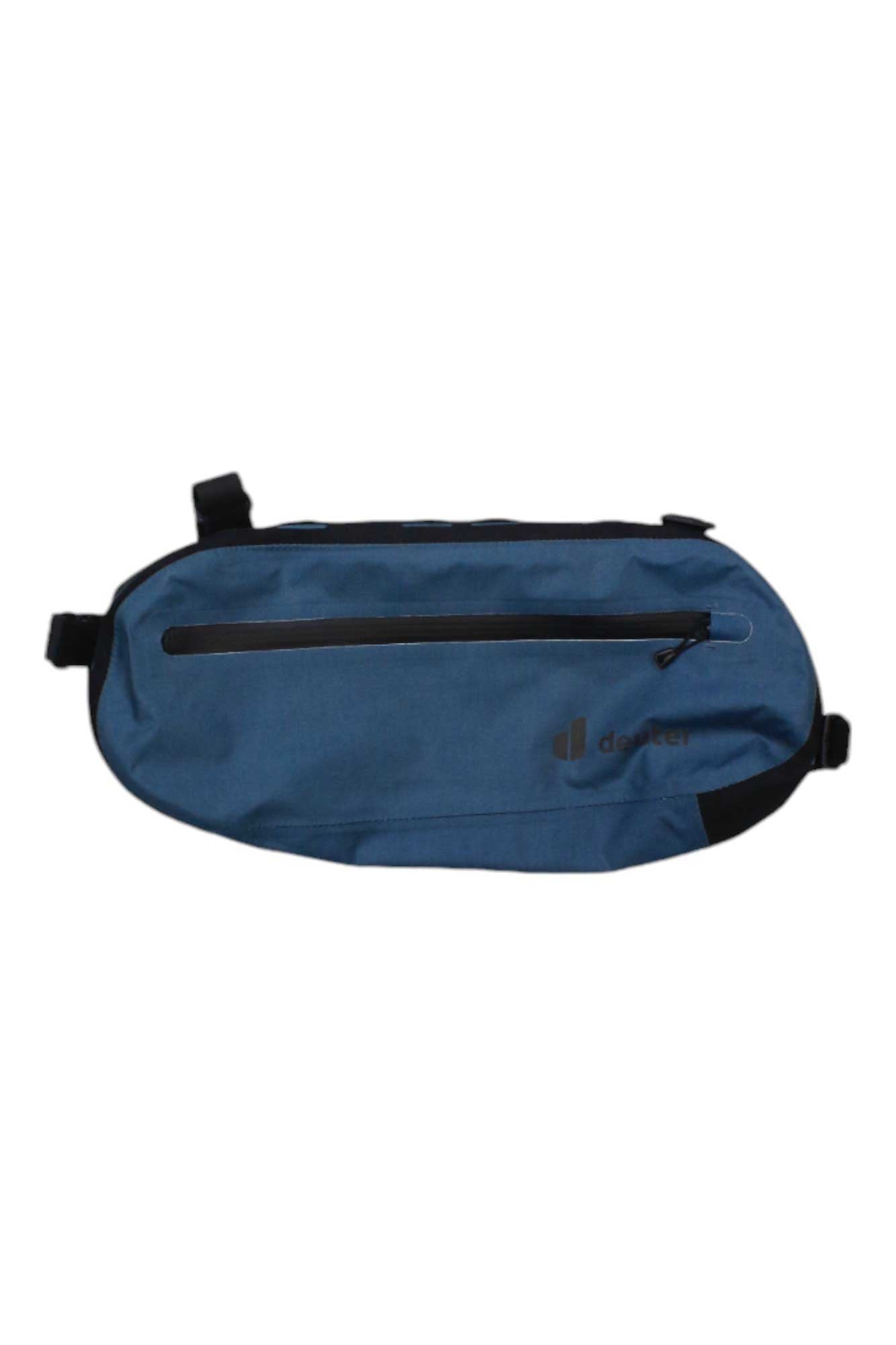 The Deuter Cabezon FB 4 Pack is a blue, oval-shaped waist bag with a black front zipper pocket and adjustable black straps, perfect as a waterproof bikepacking bag.
