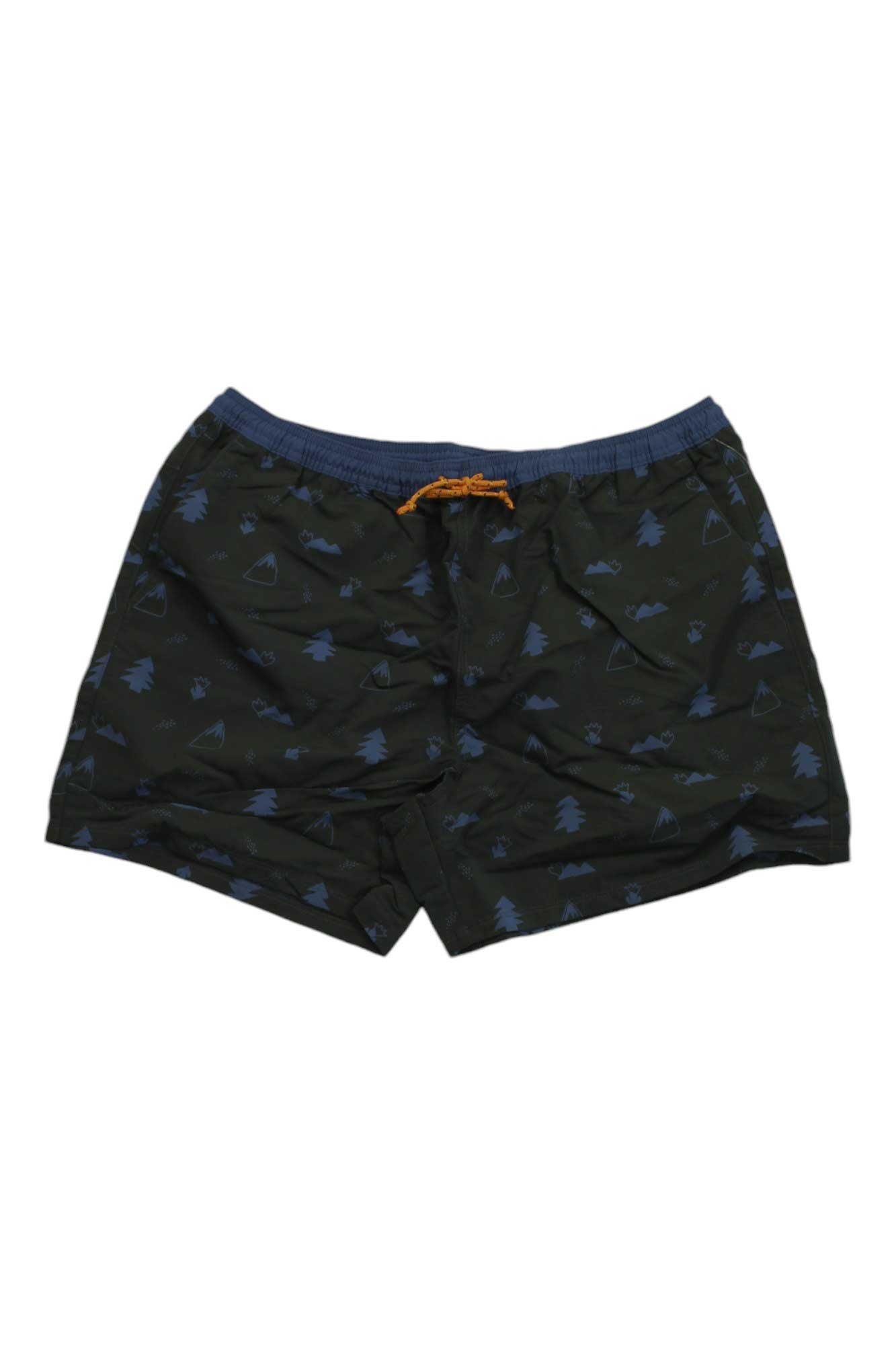 The Marmot Men’s Juniper Springs 5 Inch Short features a blue waistband, orange drawstring, UPF 50 protection, and a subtle blue tree and tent print—ideal hiking shorts for outdoor adventures.
