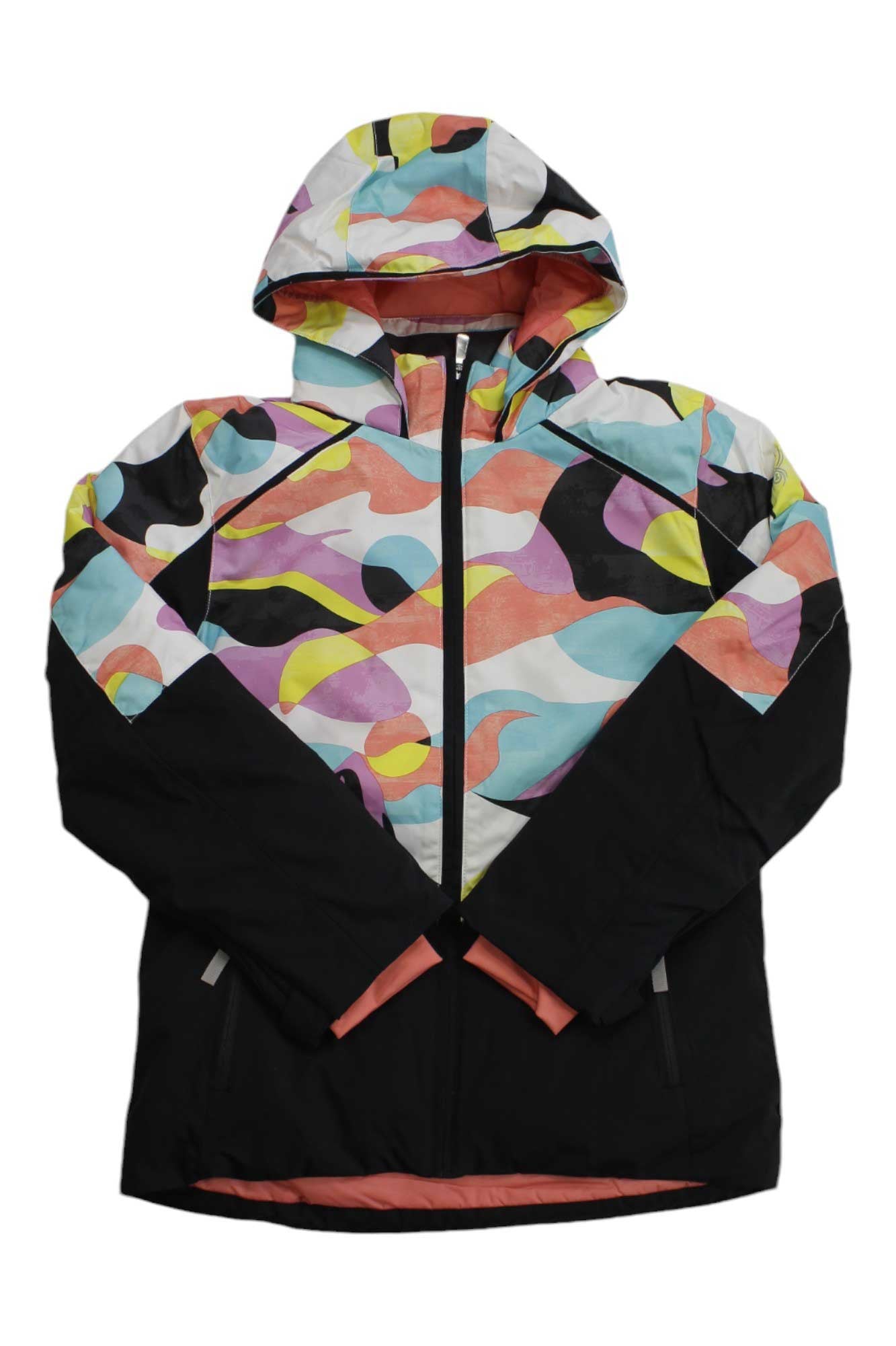 The Spyder Girls Conquer Jacket is a girls' ski coat with black sleeves and lower body, plus a vibrant abstract pattern on the chest, shoulders, and hood. It’s laid flat with crossed sleeves and insulated with PrimaLoft Black ECO.