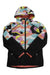 The Spyder Girls Conquer Jacket is a girls' ski coat with black sleeves and lower body, plus a vibrant abstract pattern on the chest, shoulders, and hood. It’s laid flat with crossed sleeves and insulated with PrimaLoft Black ECO.