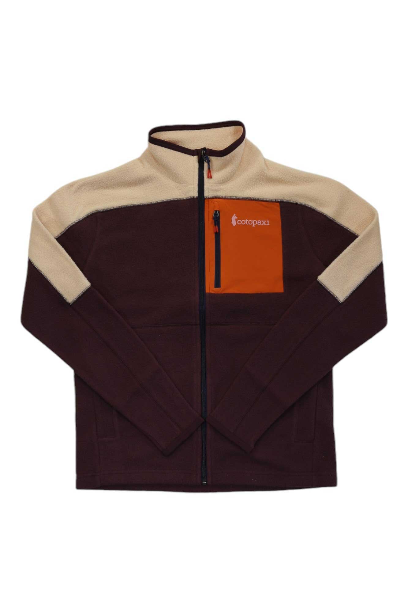 The Cotopaxi Womens Abrazo Full-Zip Fleece Jacket is made with recycled materials and features a color-block design with cream shoulders, maroon body and sleeves, an orange zippered chest pocket, full front zip, and stand-up collar.