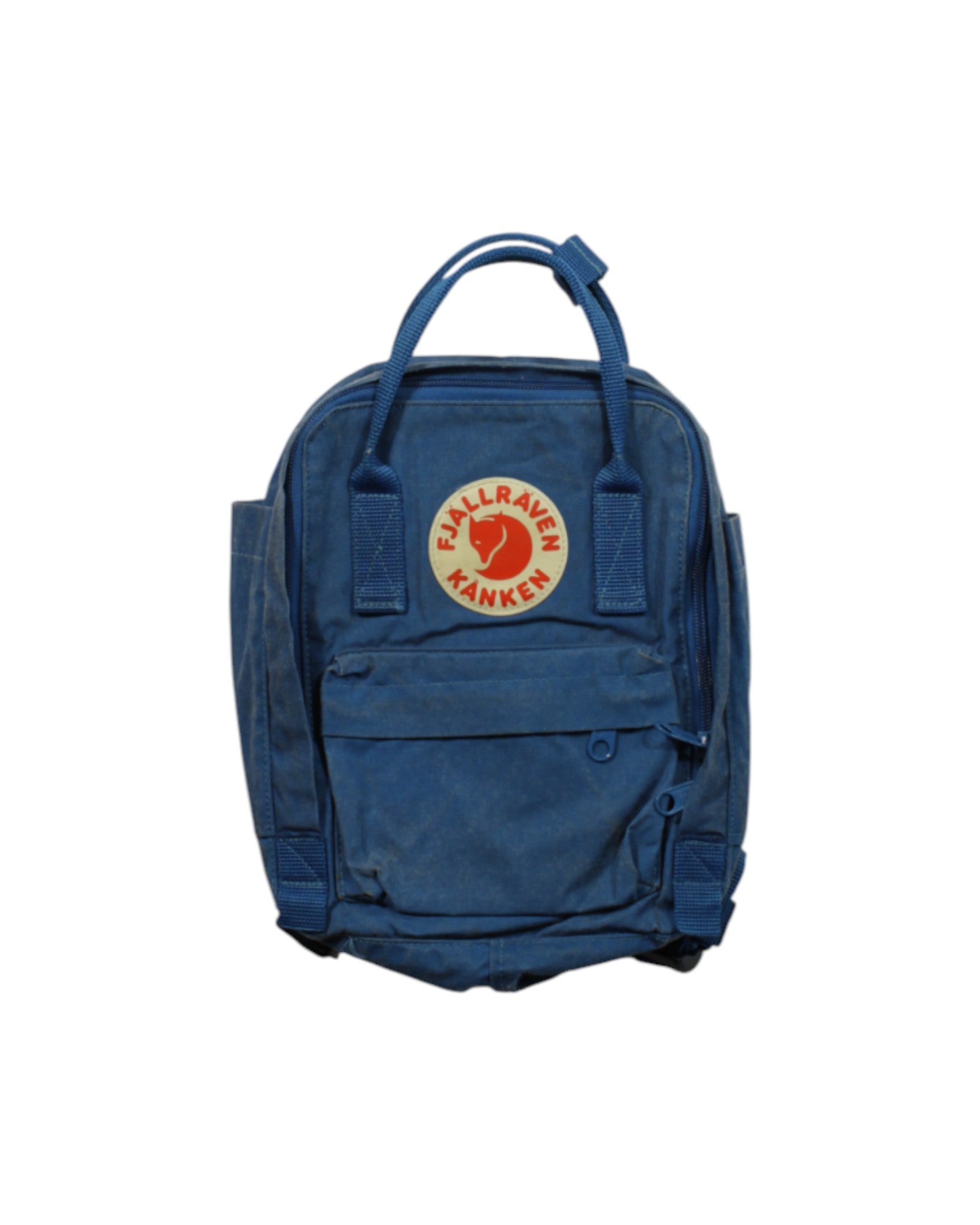 The Fjallraven Kanken Mini is a compact blue backpack made from water-resistant Vinylon F, with a front zip pocket and a red-and-white logo patch, shown against a white background.