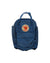 The Fjallraven Kanken Mini is a compact blue backpack made from water-resistant Vinylon F, with a front zip pocket and a red-and-white logo patch, shown against a white background.