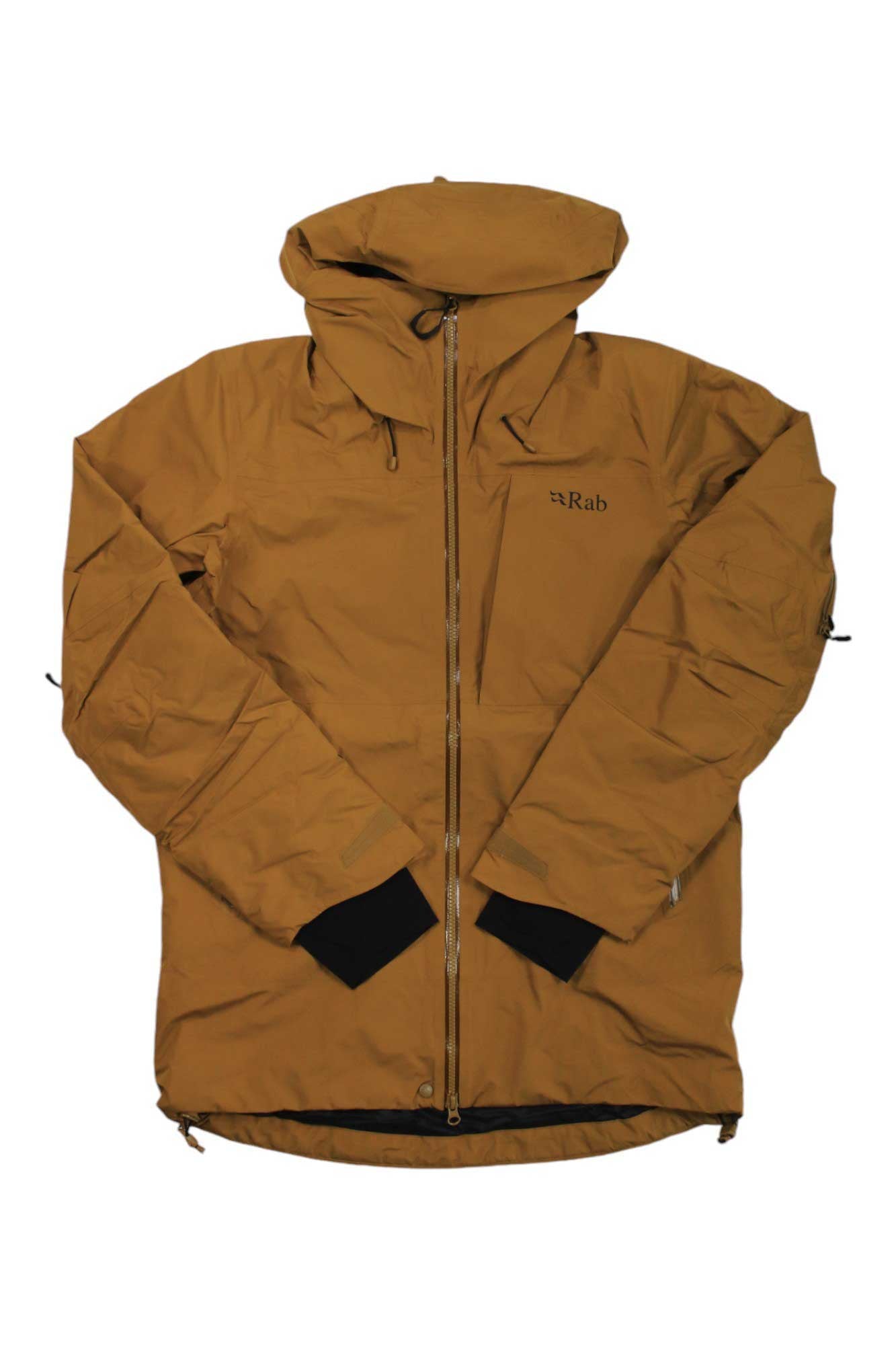 Men's hooded full-zip jacket, brown with Rab logo and black cuff accents.