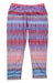 The Womens Roxanne Capris feature a bold, ikat-inspired pattern with red, blue, and peach horizontal stripes. Made from micropoly performance jersey for top yoga comfort, these cropped leggings are shown flat on a white background.