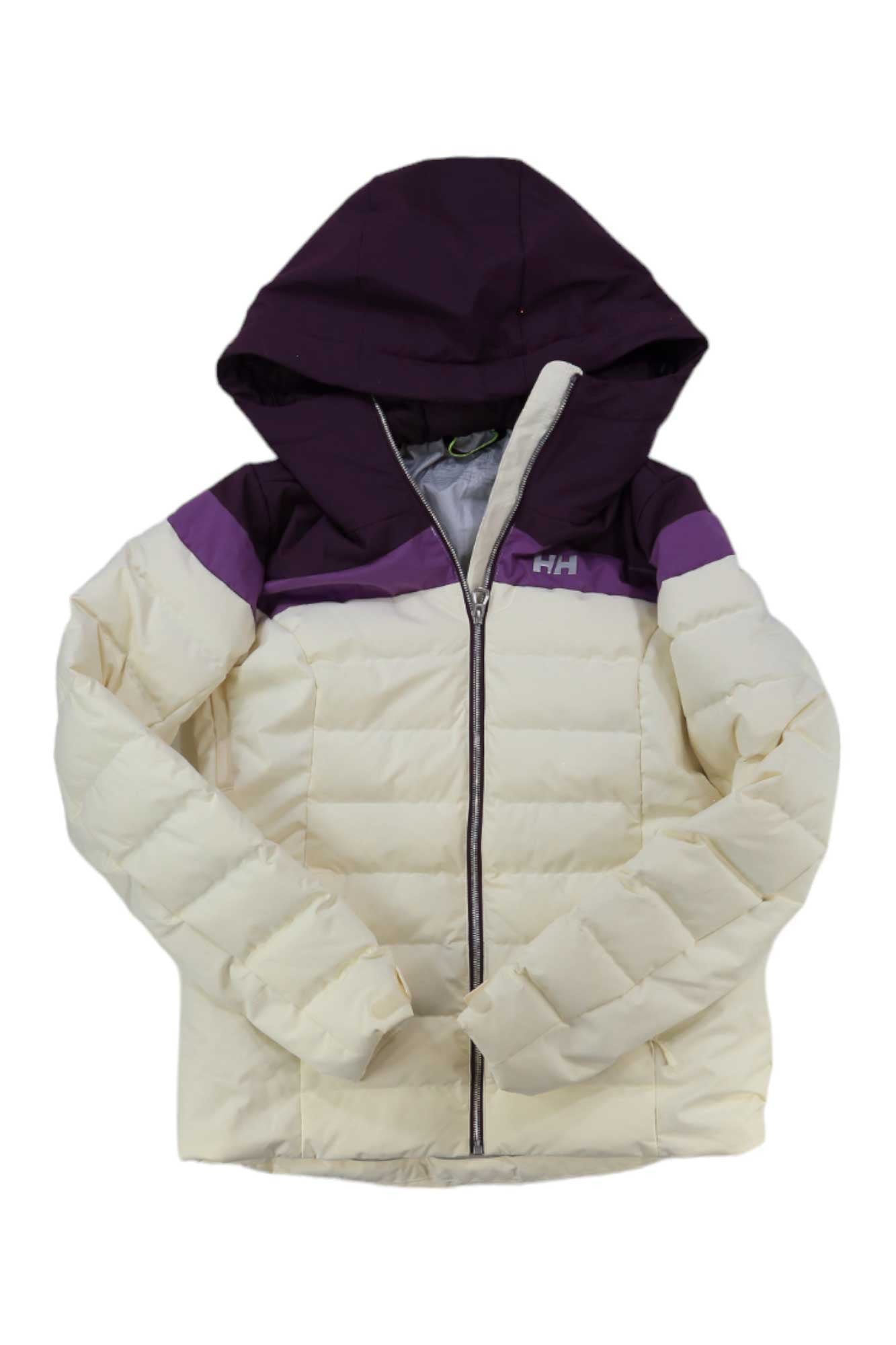 Women's two-tone hooded puffy jacket with cream body and purple hood