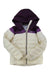 Women's two-tone hooded puffy jacket with cream body and purple hood