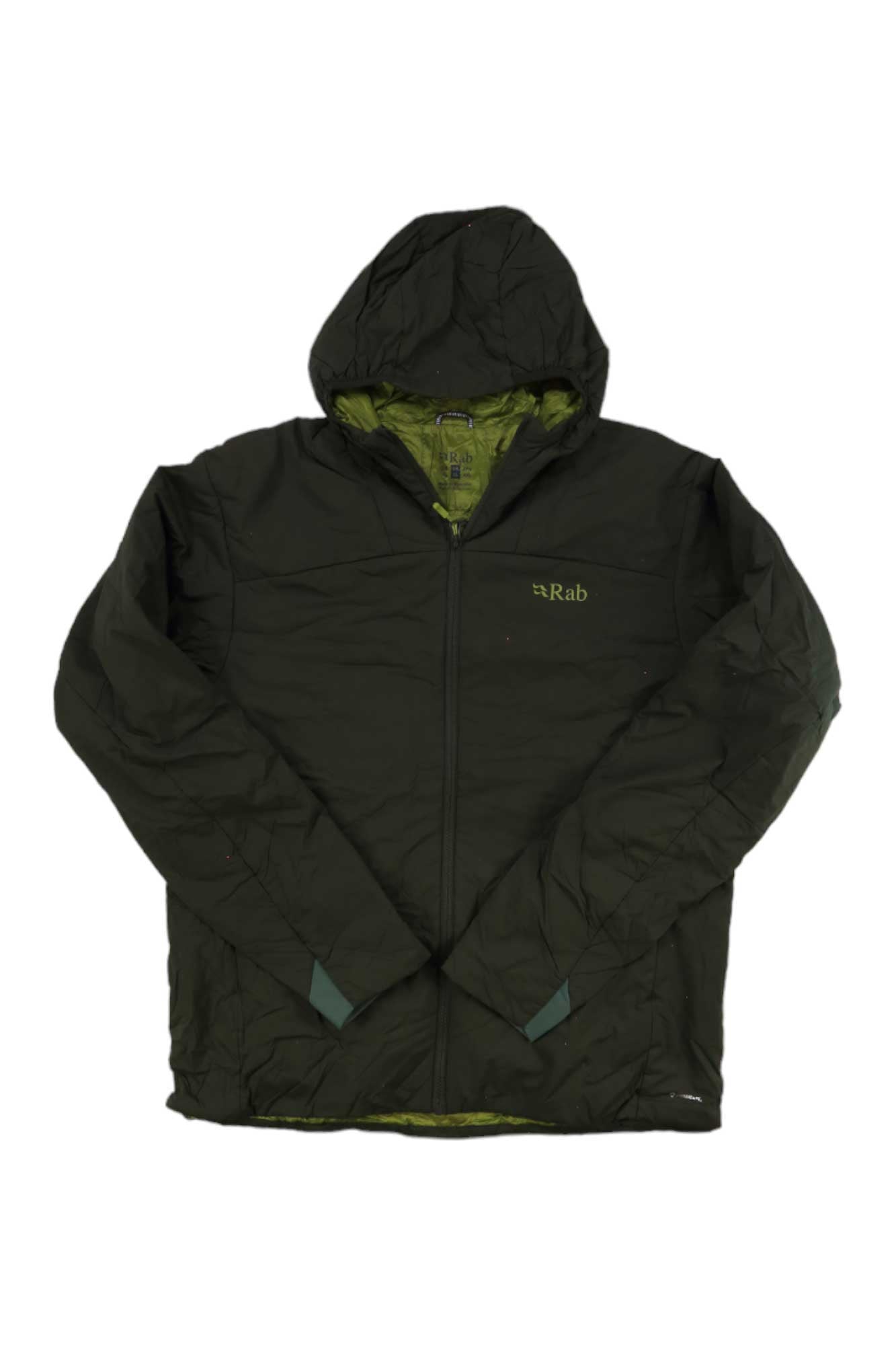 A black Rab Mens Xenair Alpine Light Jacket with a front zipper, green inner lining, long sleeves, and the Rab logo on the left chest is displayed flat on a white background.