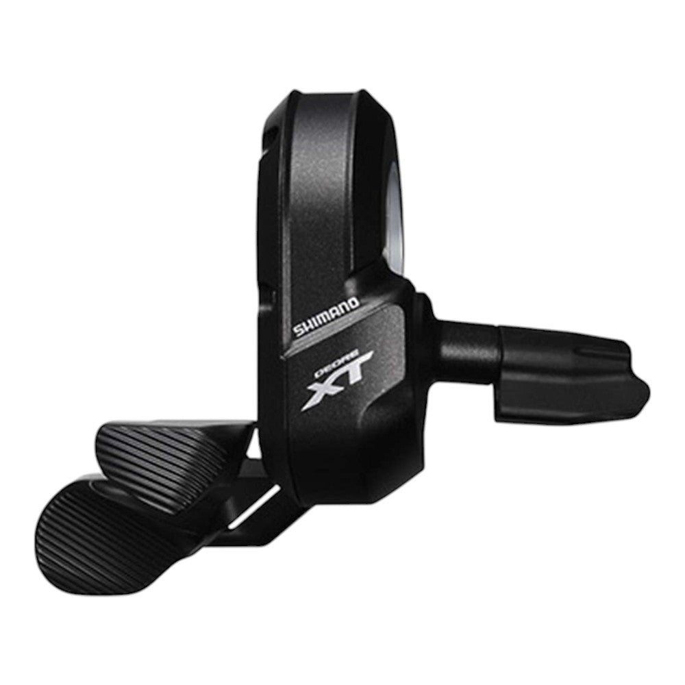The Shimano XT Di2 SW-M8050 Shift Switch is a black mountain bike shifter with two textured levers and a compact, angular design—perfect for riders wanting precise electronic shifting.