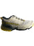 Women’s trail running shoe, beige mesh with black heel collar and patterned midsole