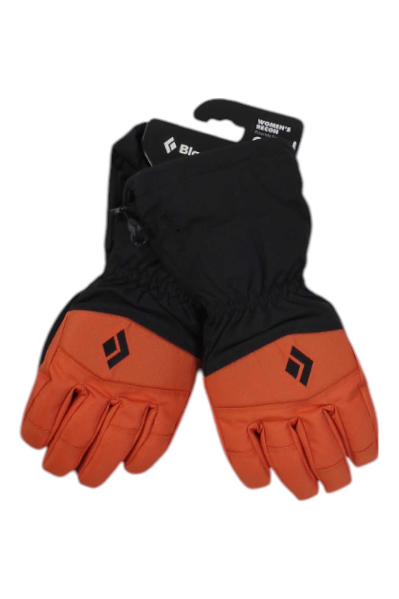 The Black Diamond Womens Recon Glove features black cuffs, orange lower sections, and the Black Diamond logo on the back. These waterproof ski gloves come attached with a tag for convenience.