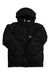 Hooded puffer jacket in black, quilted, zip-front with hood and snap pockets.