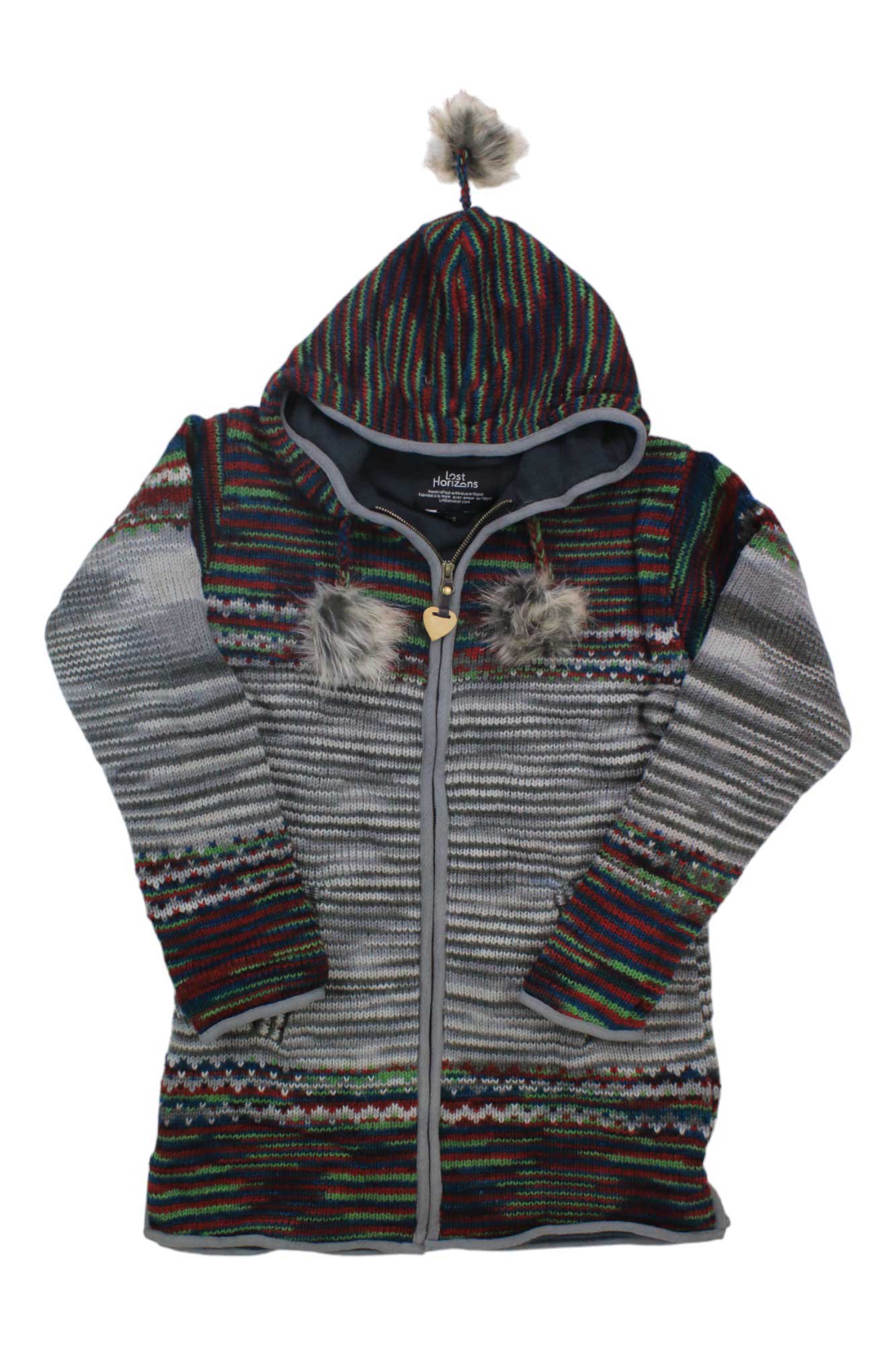 The Lost Horizons Womens Yoko Fleece Lined Sweater is a zip-up, hooded long-sleeve with gray, red, green, and black horizontal patterns, two wooden buttons, faux fur pom-poms on the hood, and cozy fleece lining for warmth.