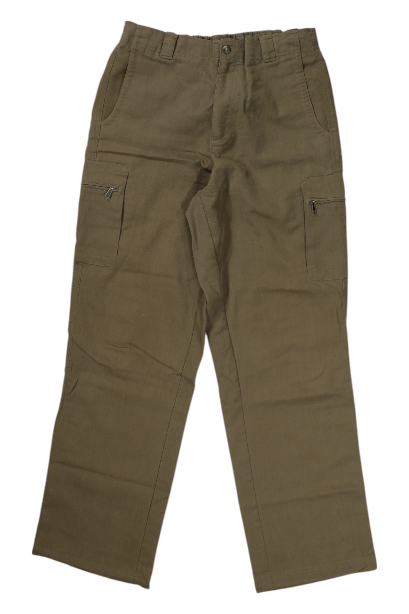 The Columbia Mens GRT Corduroy Cargo Pant in olive green features side and front zipper pockets, belt loops, and a button closure, displayed flat on a white background.