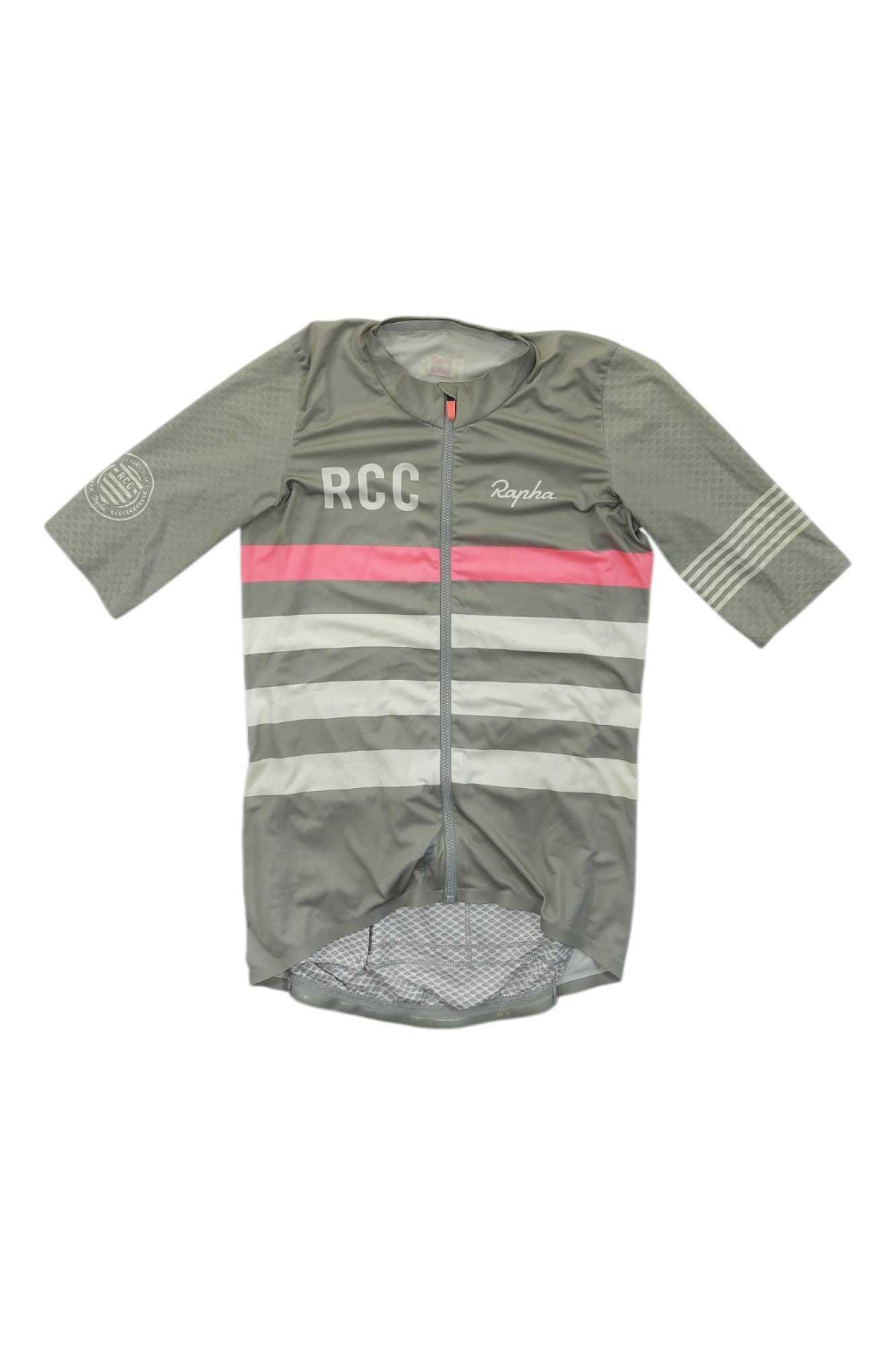 Rapha RCC aero cycling jersey, grey with white stripes and pink zip placket