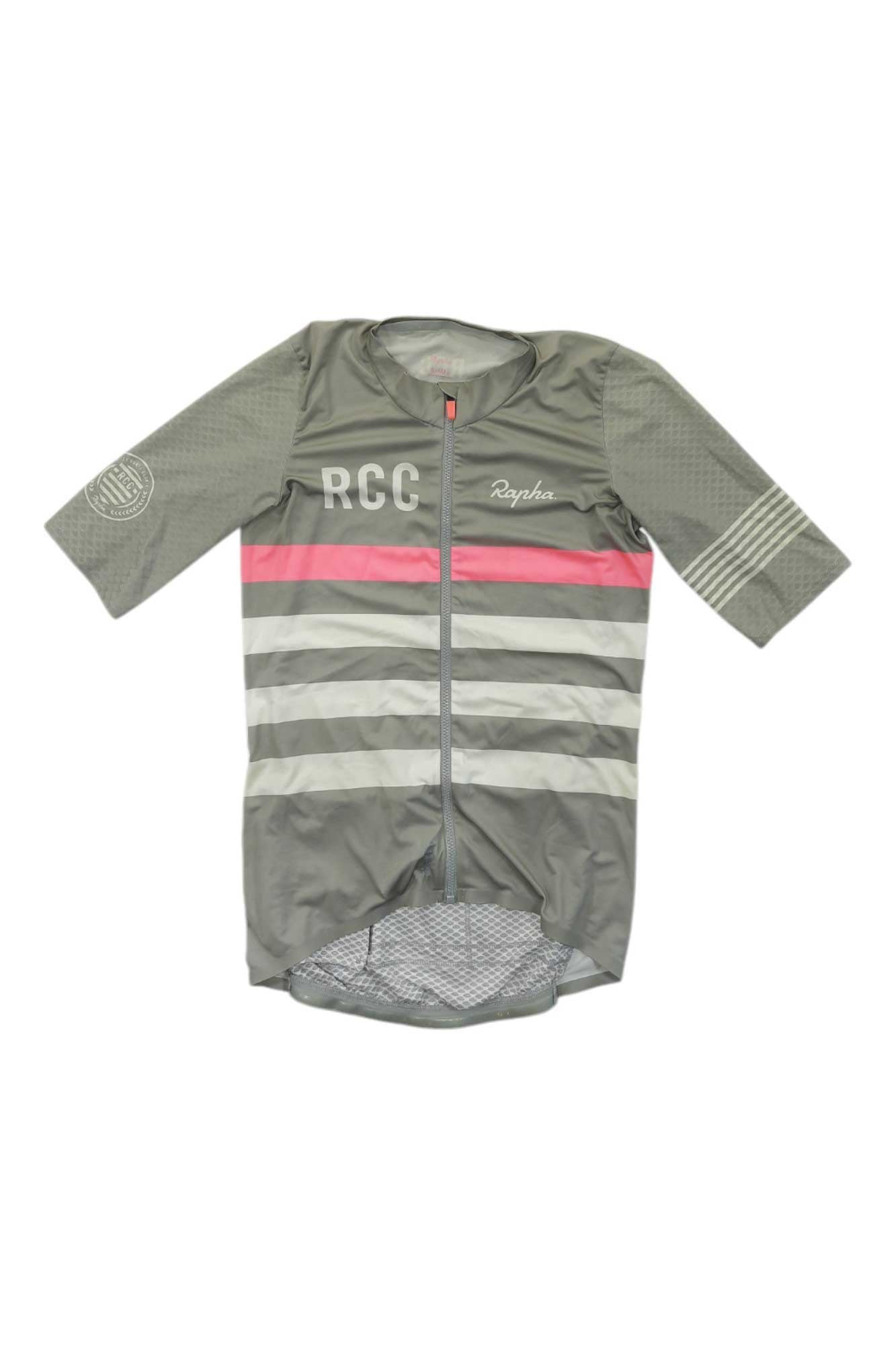Rapha aero jersey with full-length zip, grey and white stripes, pink front panel