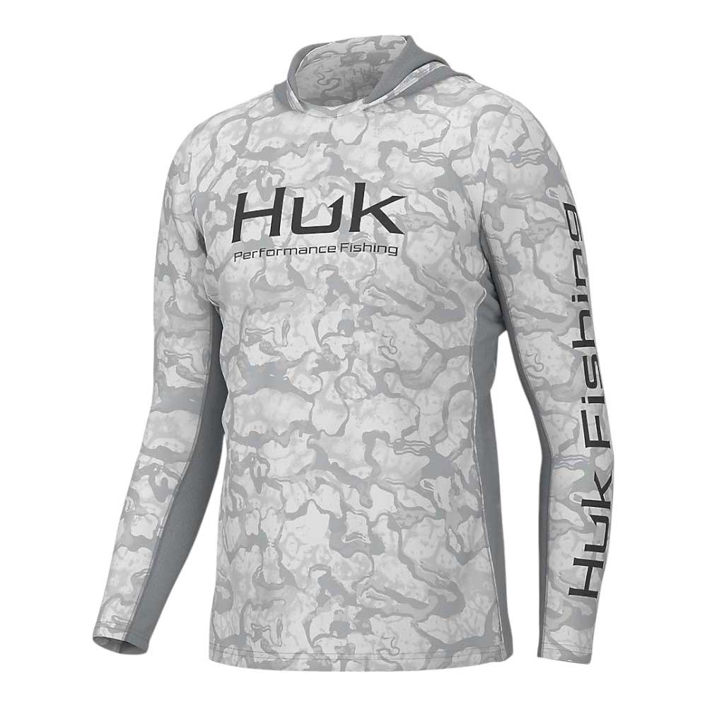 The Huk Mens Icon X Inside Reef Hoodie is a long-sleeve fishing hoodie with gray and white camo, Huk Performance Fishing logo on the chest, Huk Fishing on the left sleeve, and built-in UPF sun protection for all-day comfort.