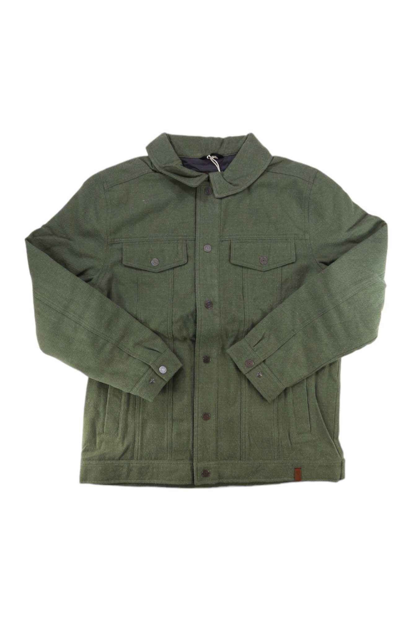 Men's founder jacket in olive green with button front, chest flap pockets, and button cuffs