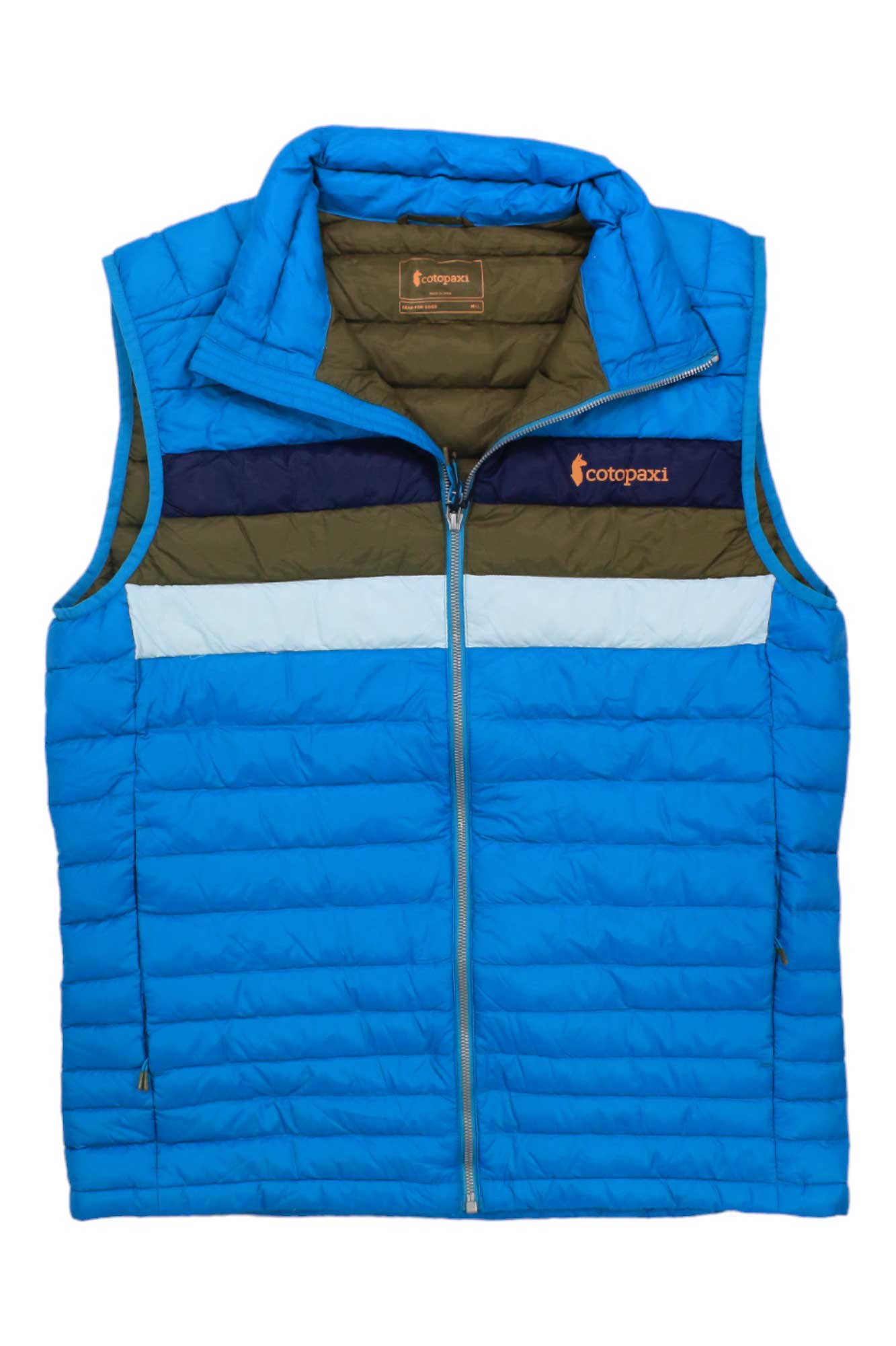 The Cotopaxi Mens Fuego Down Vest features blue, sleeveless design, water-resistant down, horizontal navy and olive chest color blocks, a front zipper, and an orange Cotopaxi logo on the left side.