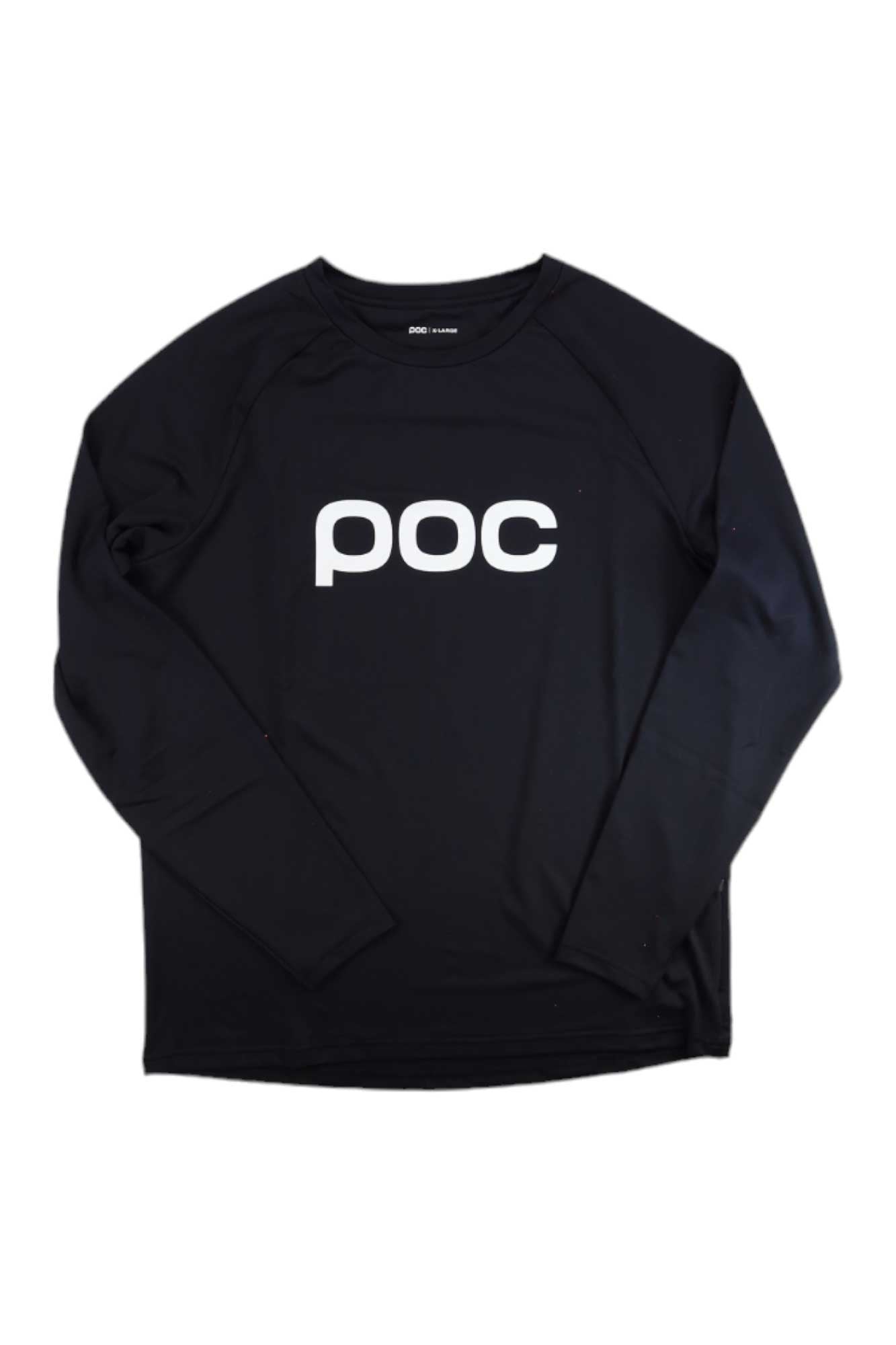 The POC Sports Mens Reform Enduro Jersey is a black long-sleeve cycling shirt with "poc" in large white lowercase letters on the front, laid flat on a white background. The jersey features moisture-wicking fabric.