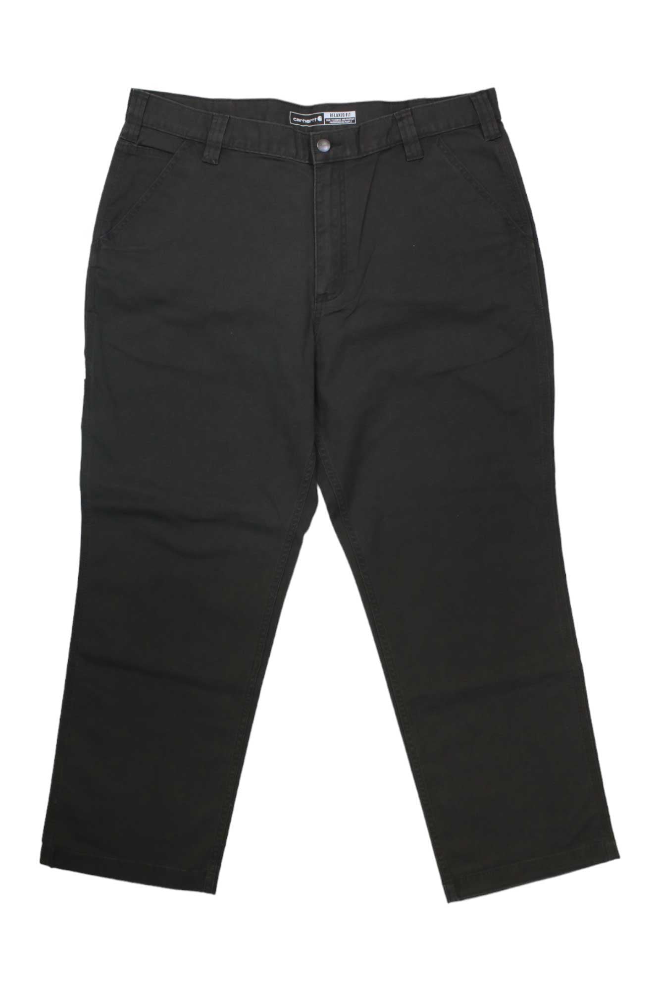 Carhartt Men's Rugged Flex Relaxed Fit Canvas Work Pant in black, featuring belt loops, front pockets, and button closure—perfect rugged workwear for any job. Laid flat on a white background.