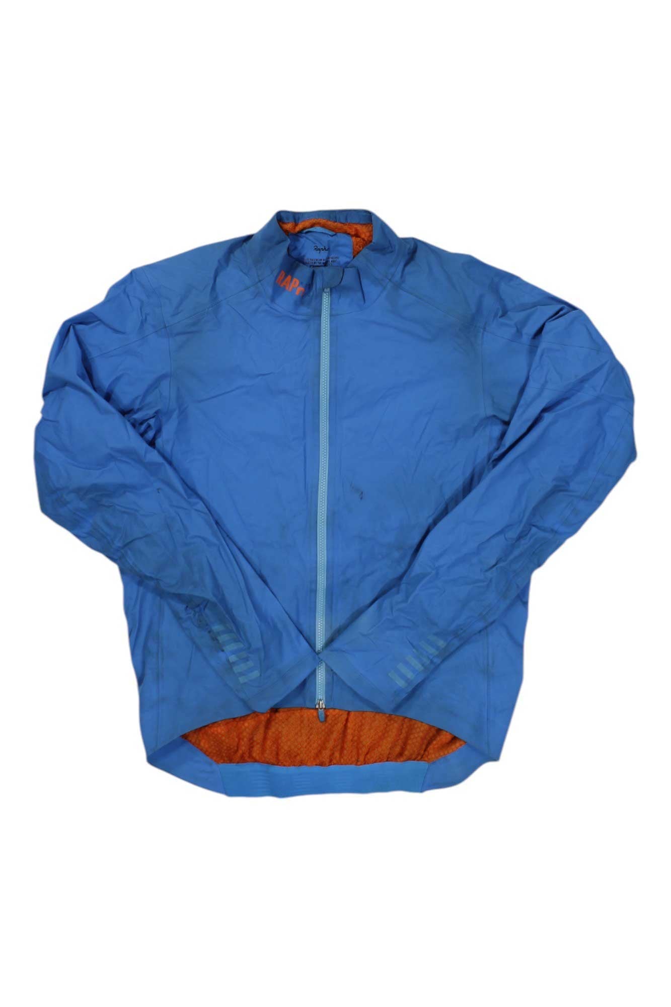 Blue insulated rain jacket, full-zip front, orange hem band, stand collar, long sleeves