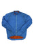 Blue insulated rain jacket, full-zip front, orange hem band, stand collar, long sleeves