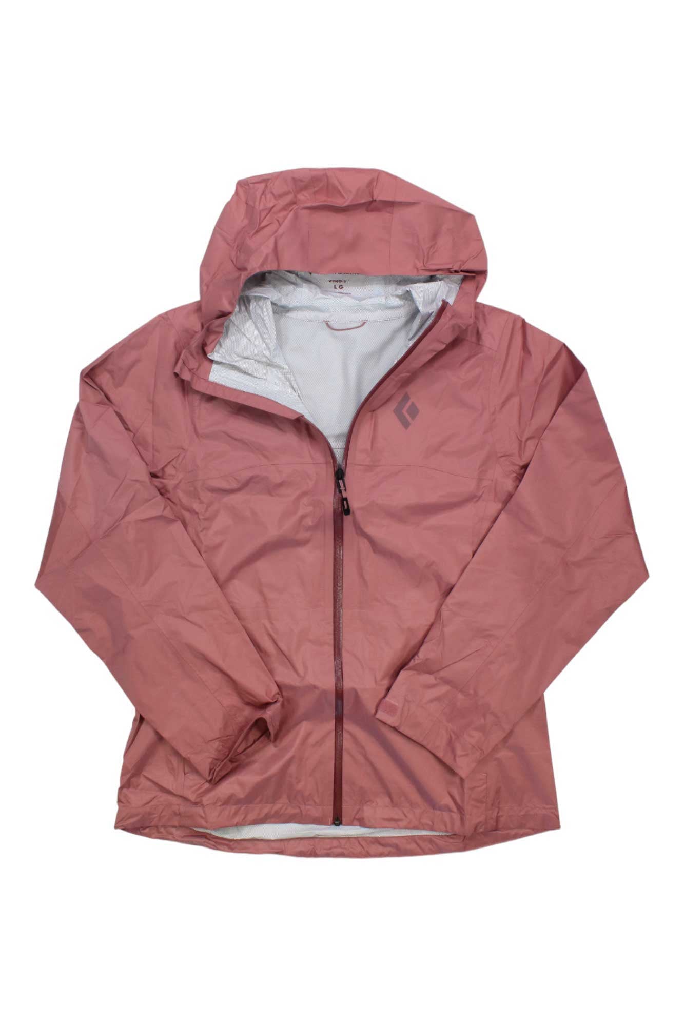 The Black Diamond Womens Treeline Rain Shell is a lightweight, rose-colored climbing jacket with a front zipper and subtle chest logo, displayed flat on a white background.