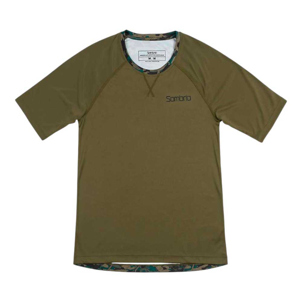 The Sombrio Womens Alder Jersey is an olive green, short-sleeve cycling top with a crew neck, black logo on the left chest, camo trim at the neck and hem, and made from breathable fabric. Shown laid flat on a white background.
