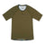 The Sombrio Womens Alder Jersey is an olive green, short-sleeve cycling top with a crew neck, black logo on the left chest, camo trim at the neck and hem, and made from breathable fabric. Shown laid flat on a white background.