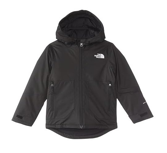 The North Face Toddlers Freedom Insulated Jacket is a black, long-sleeve kids’ coat with a zip front, two zippered side pockets, and a white logo on the left chest. It features recycled insulation for warmth and sustainability.